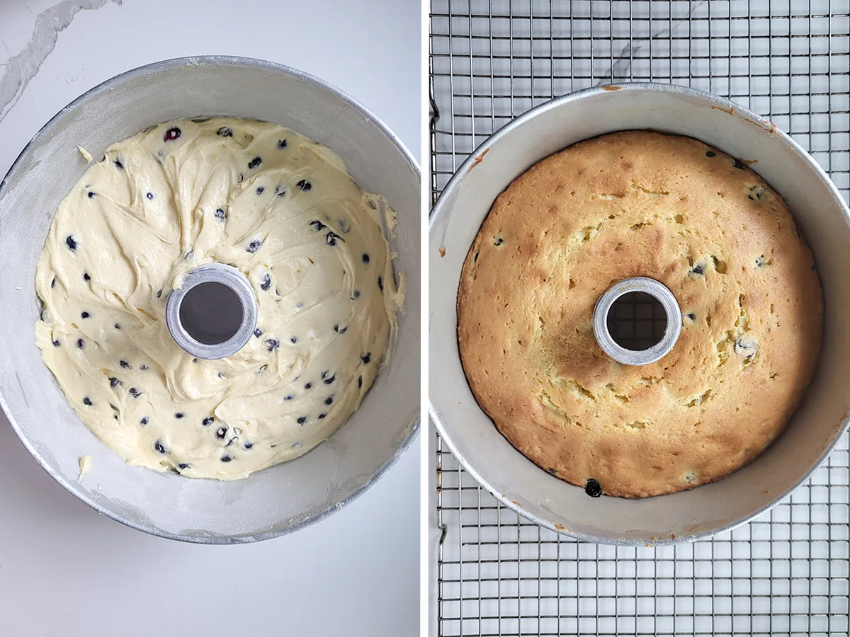Blueberry pound cake before and after baking.
