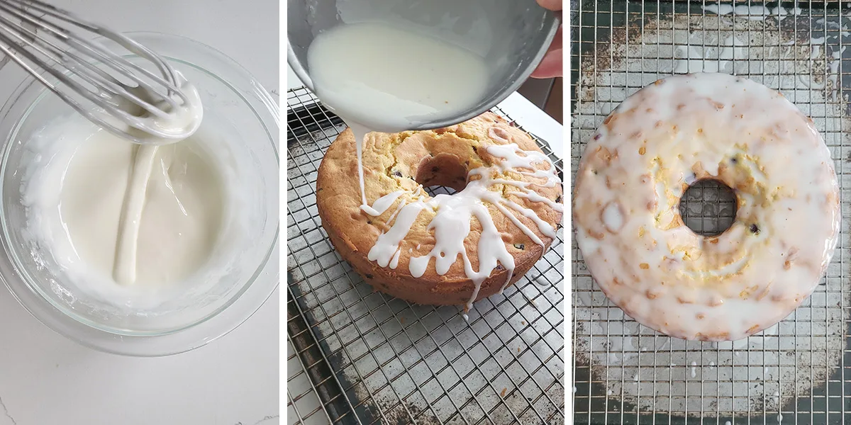 A bowl of lemon glaze. A pound cake on a rack with glaze pouring on top.