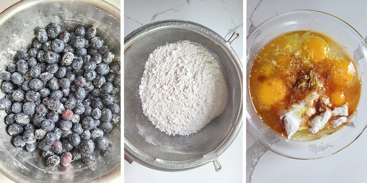 A bowl of blueberries with flour. Flour in a sieve. A bowl of eggs and sour cream.