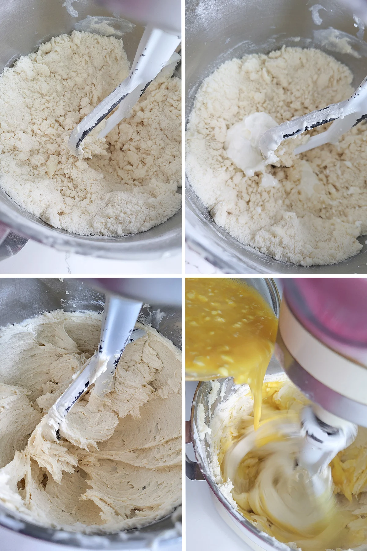 Four stages of reverse creaming cake batter.