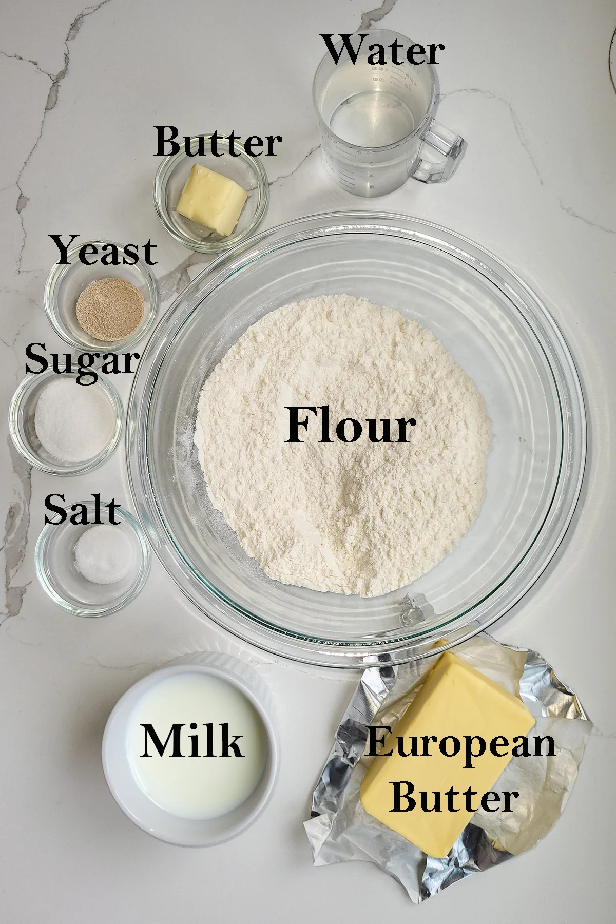 ingredients for croissants in bowls.