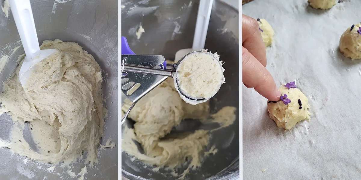 A bowl of batter, a scoop of batter and blossoms on a scoop of lavender cookie batter.