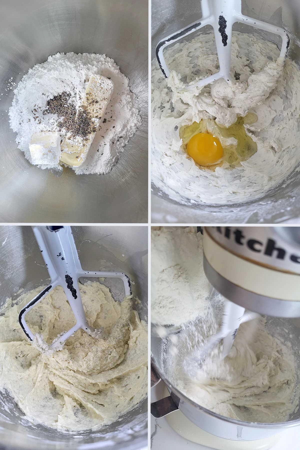 Butter, sugar and lavender creamed in a mixing bowl with egg and flour added.