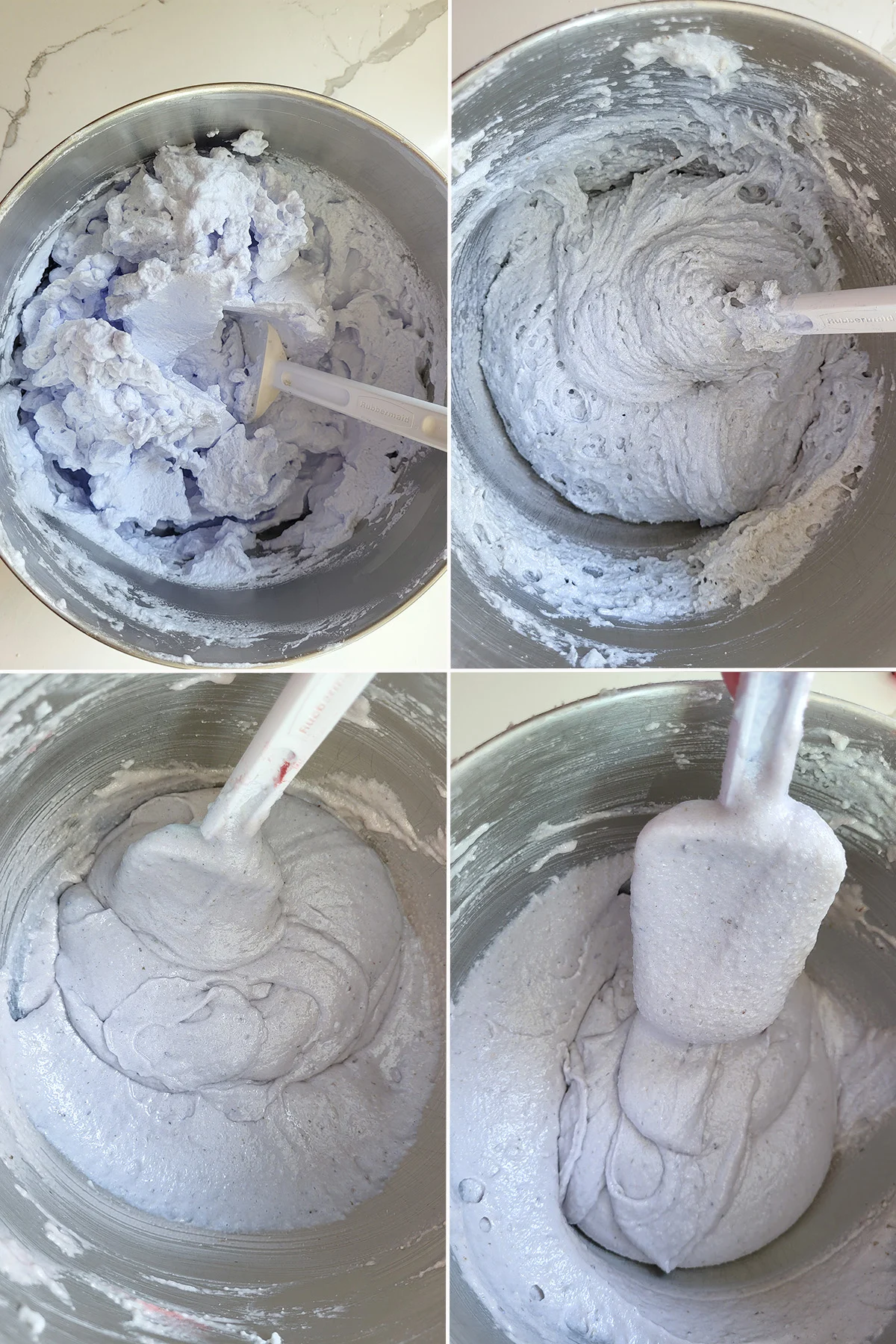 Four bowl showing stages of mixing lavender macaron batter.