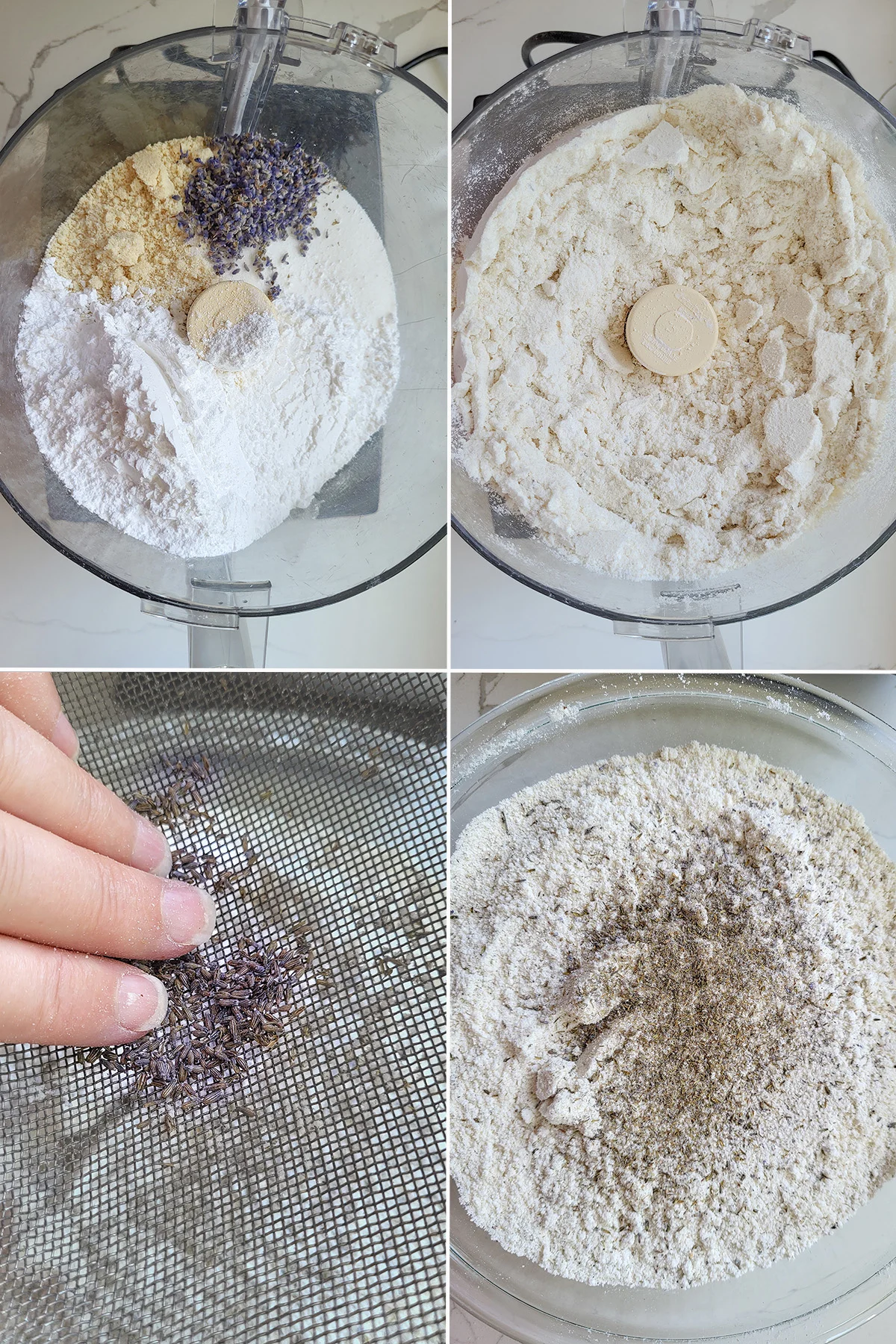 A food processor with ingredients for lavender macarons in the bowl. Sifting ingredients.