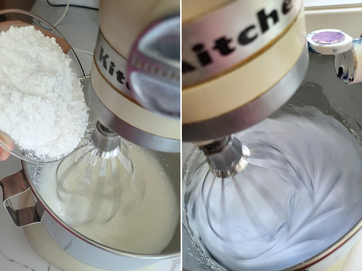 A bowl of whipped whites dyed purple.