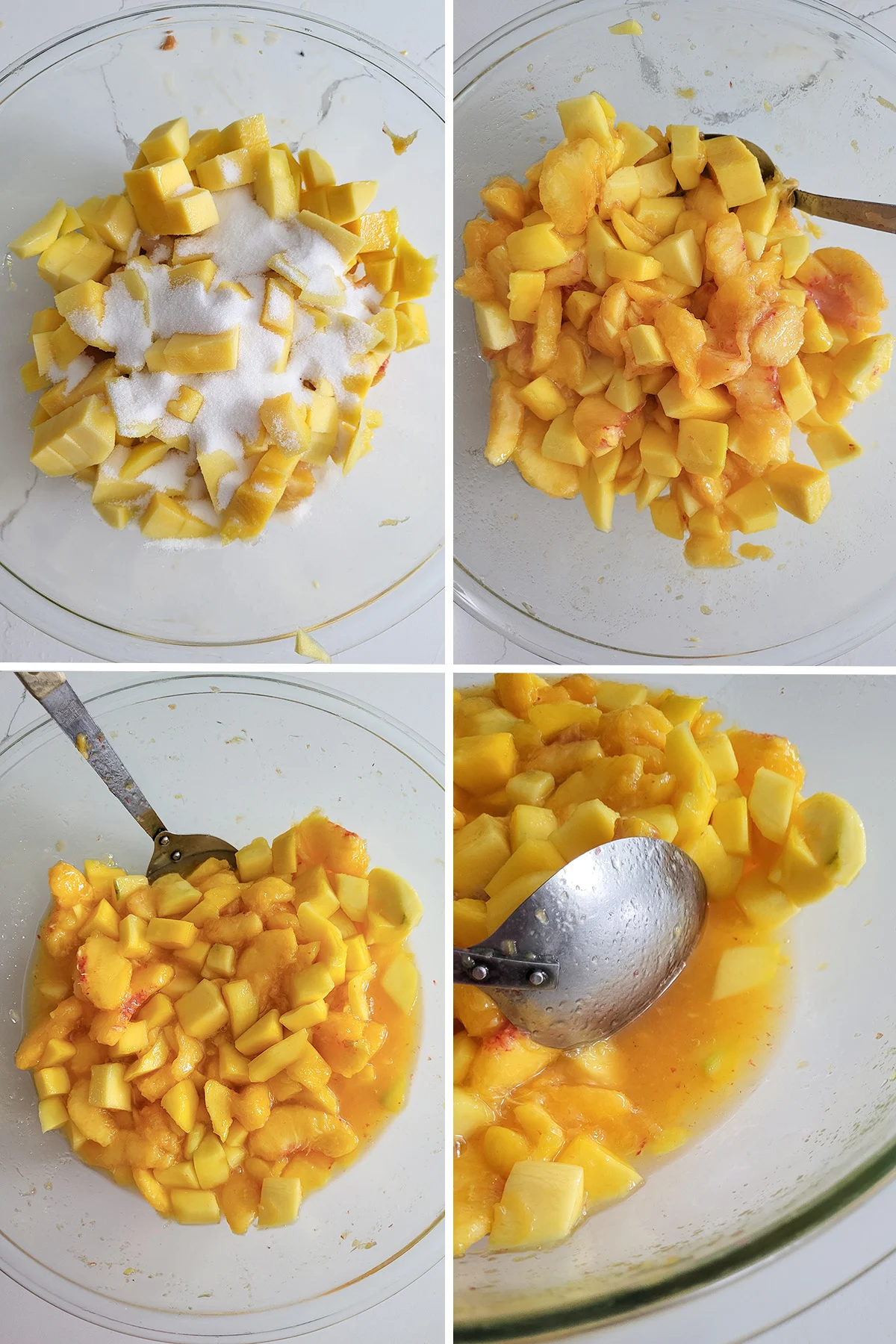 Chopped peaches and mango mixed with sugar in a glass bowl.