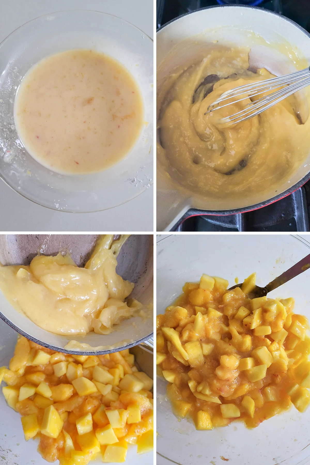 A bowl with corn starch and juice. Cornstarch and juice cooked until thick in a pan. A bowl of peach and mango pieces mixed with thickened juice.
