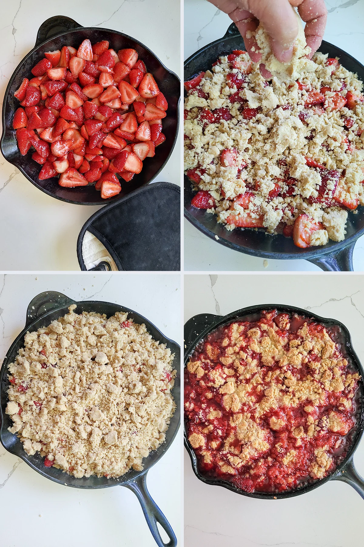 A cast iron skillet with strawberries, crumble topping before and after baking.