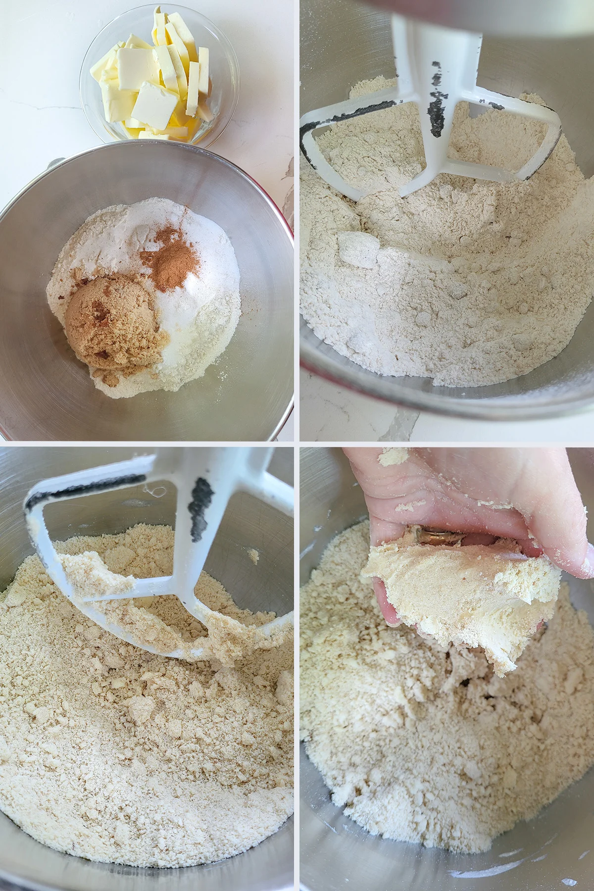 A mixing bowl with flour, sugar and cinnamon. A hand holding crumble topping.