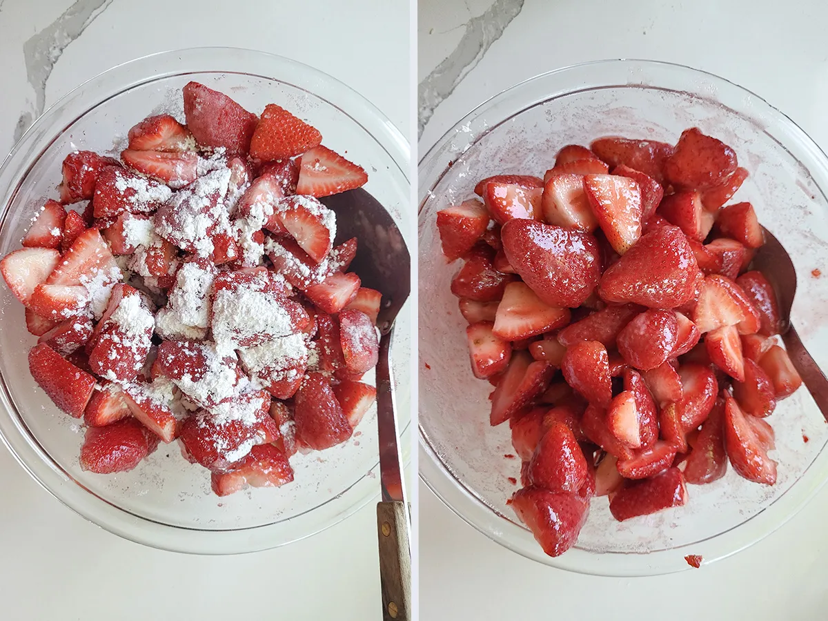 A bowl of strawberries sprinkled with cornstarch.