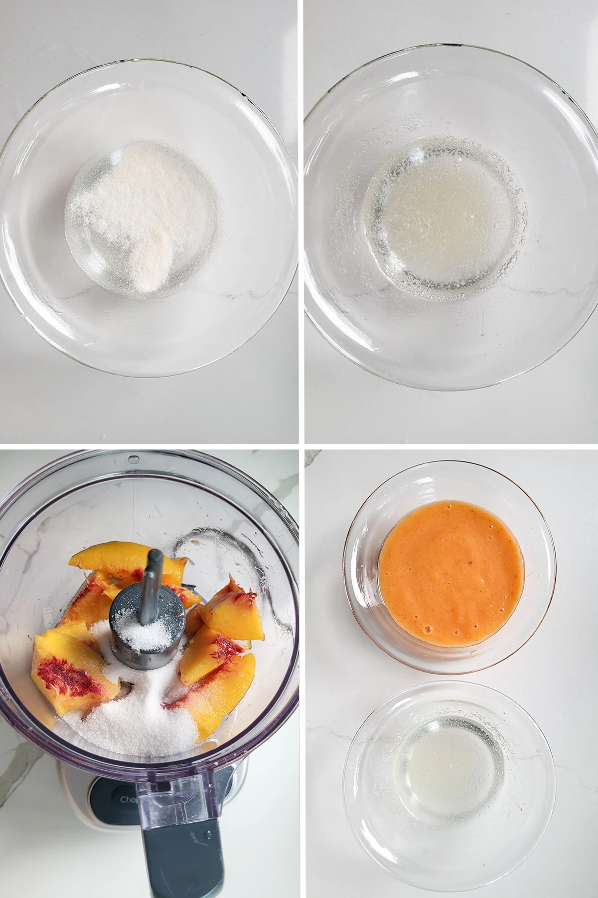 Gelatin blooming. Peaches in a food processor. A bowl of peach puree and a bowl of gelatin.