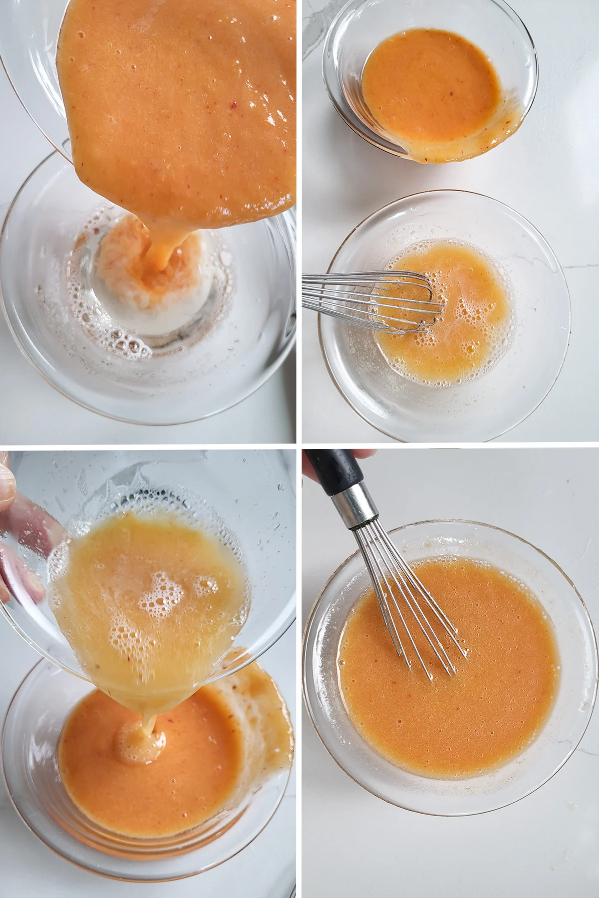 A bowl of peach puree pouring into melted gelatin. Whisking gelatin mix.