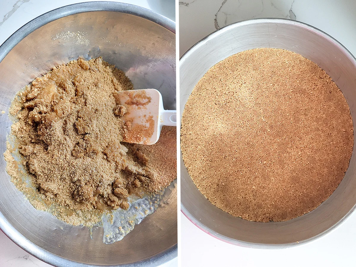 mixing graham cracker crumbs for crust. Crust in cake pan.