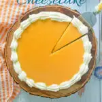 A pinterest image for peach cheesecake recipe with text overlay.