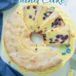 a pinterest image for blueberry pound cake with text overlay.