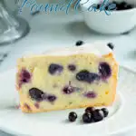 a pinterest image for blueberry pound cake recipe with text overlay.