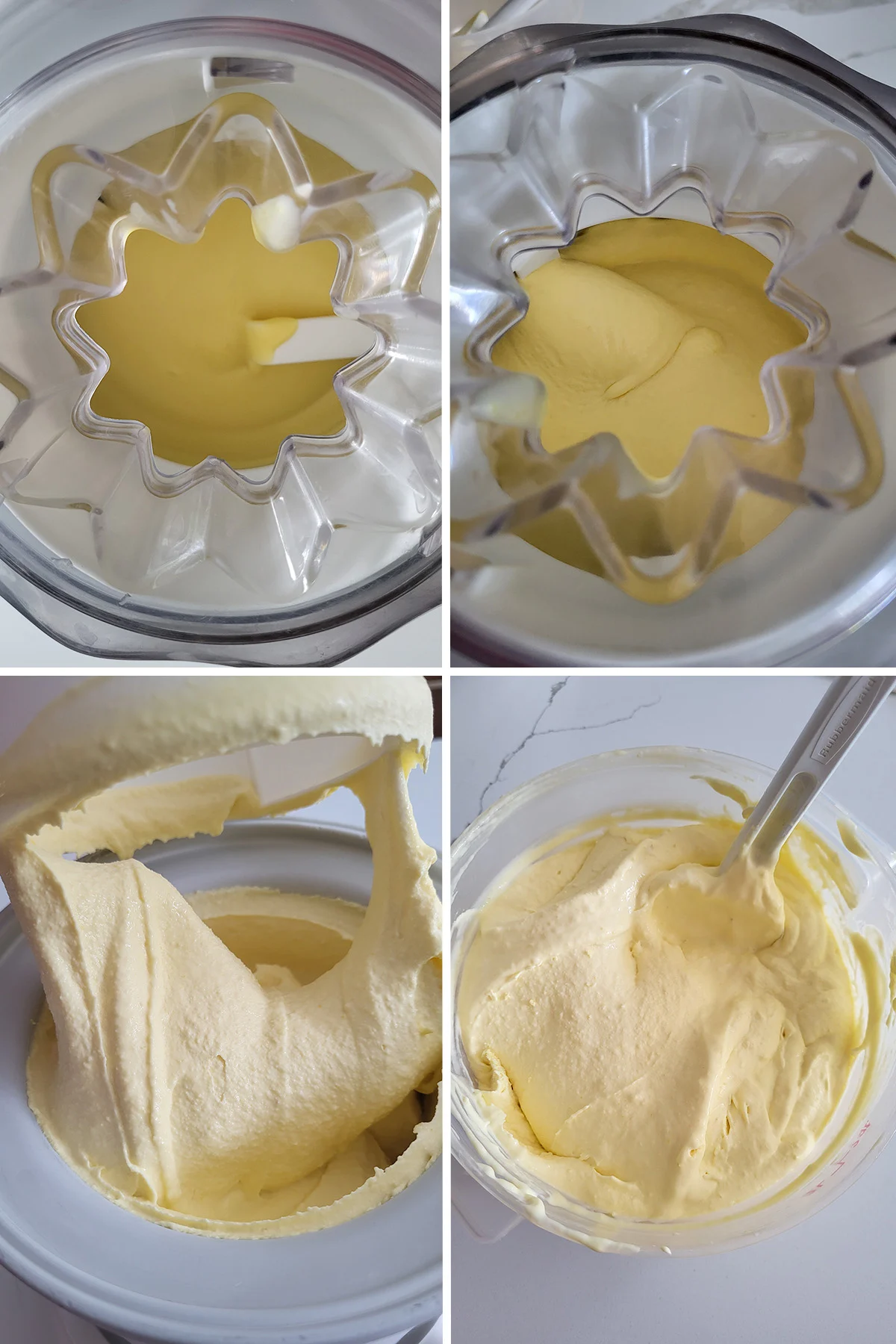 an ice cream maker filled with mango ice cream mix. Scooping frozen mango ice cream into a container.