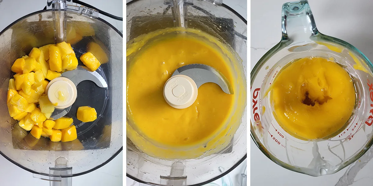 A food processor filled with chunks of mango. Mango puree in a cup with rum added.