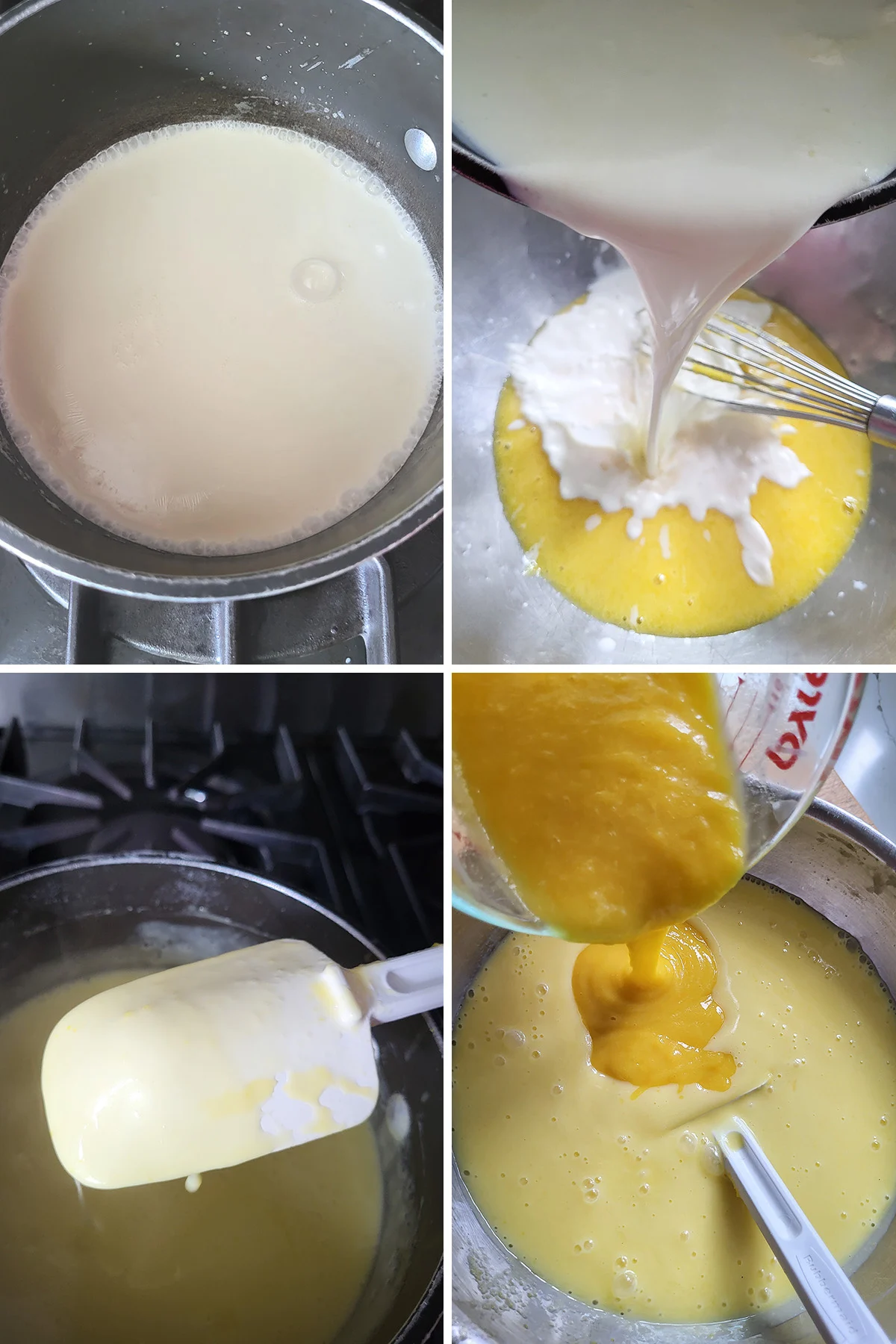 a pot of cream. Cream pouring into eggs. A spatula coated in custard. Mango puree added to custard.