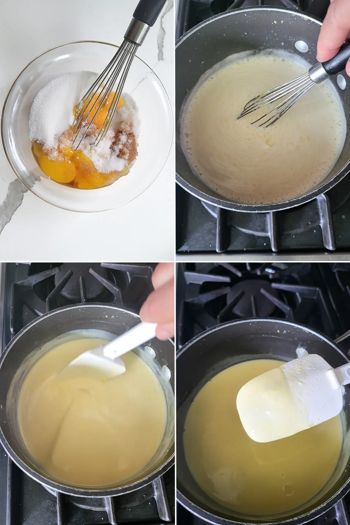A bowl of yolks and sugar. A pot of custard on a stove.