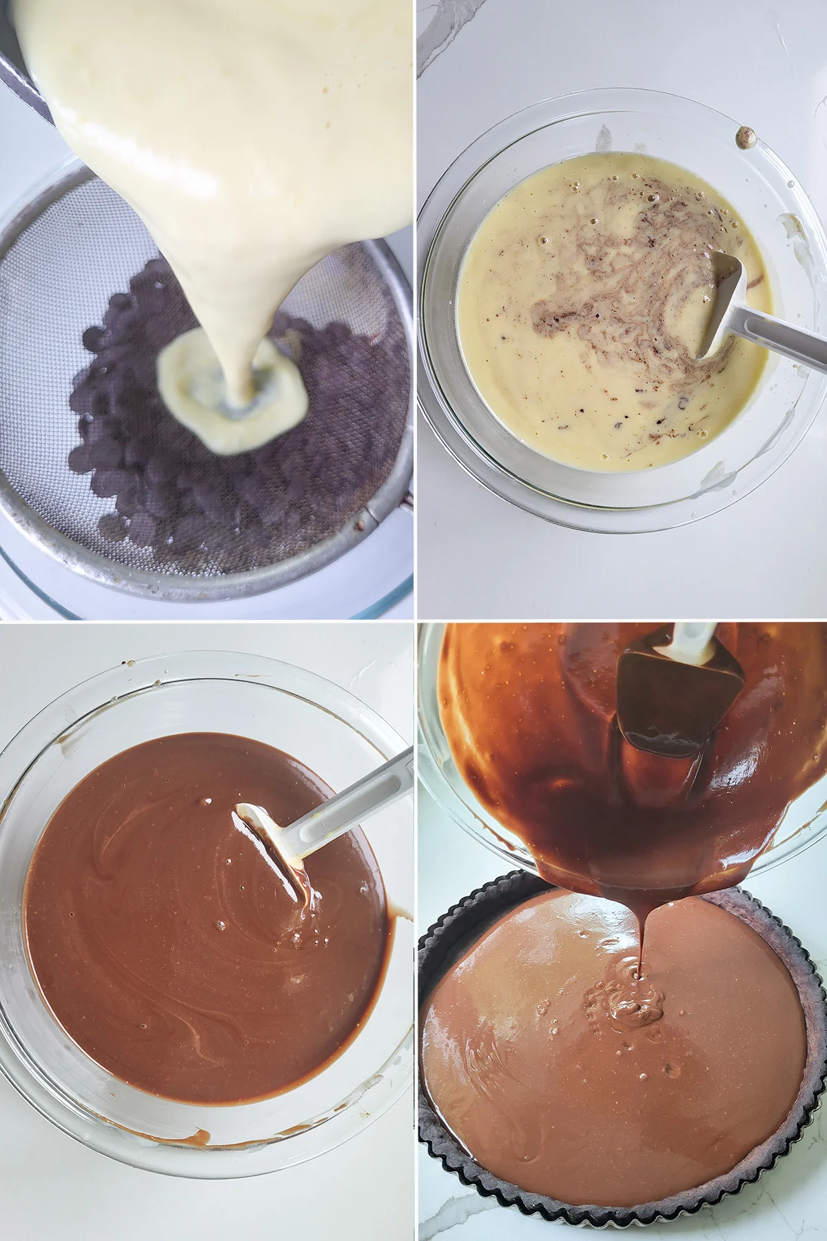 Custard being strained over chopped chocolate. A bowl of chocolate custard. Custard pouring into a tart shell.