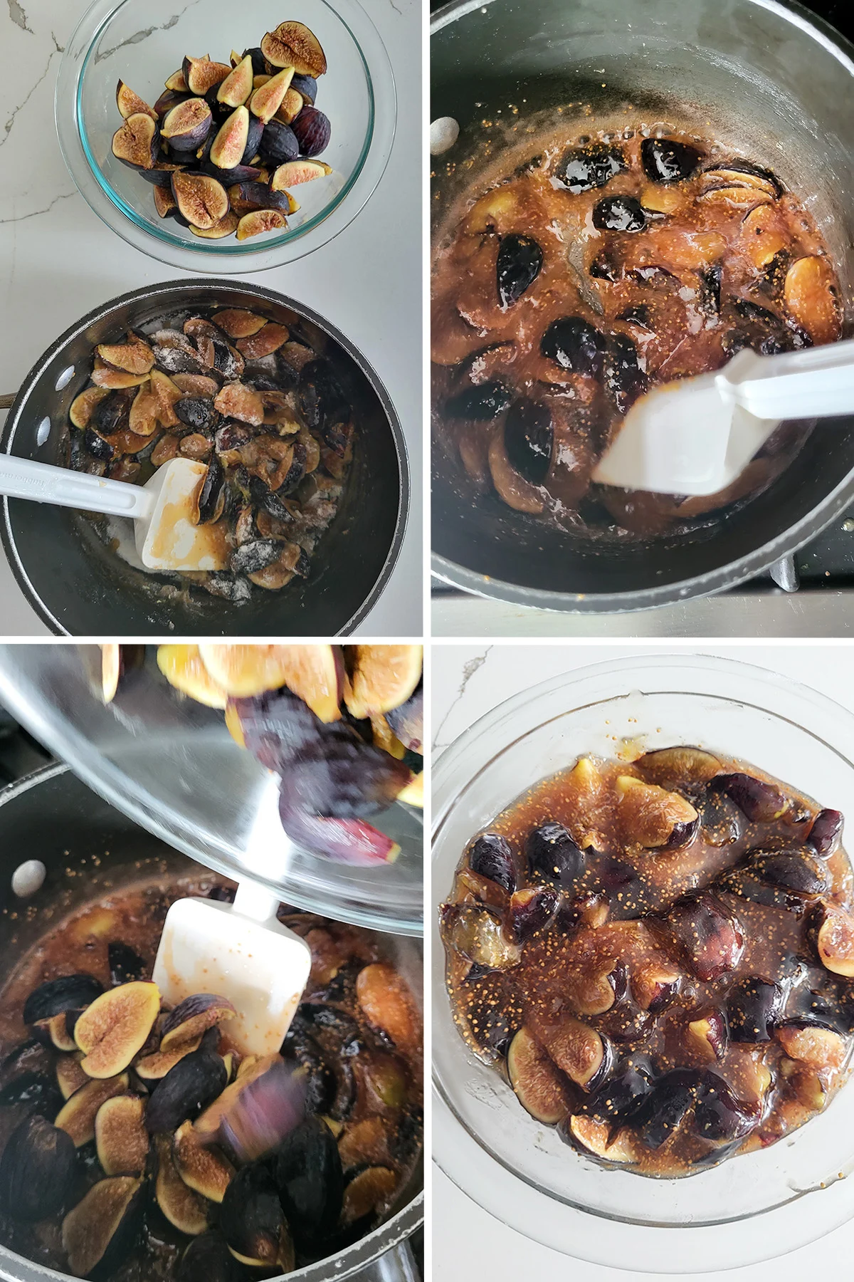 four photos of figs cooking in a pot.