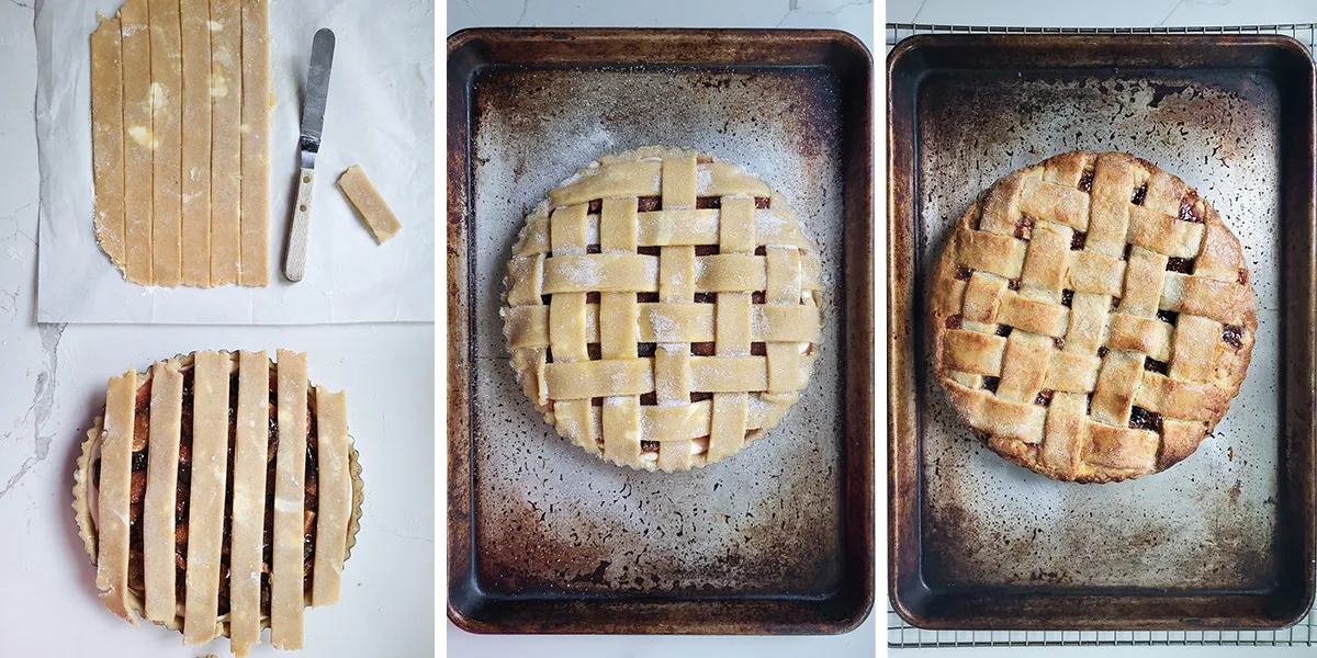 Strips of dough being put onto a tart. Tart before and after baking.