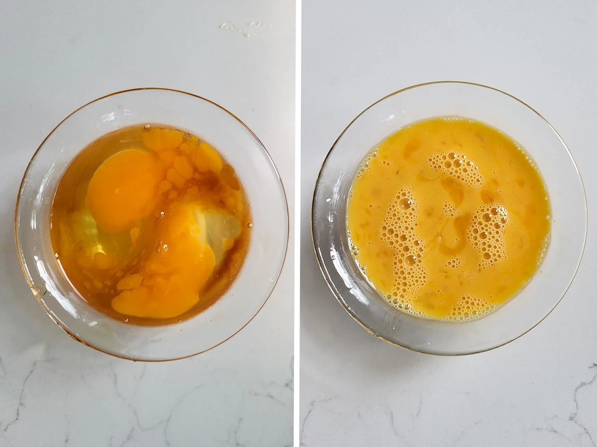two glass bowls with eggs mixed and unmixed.