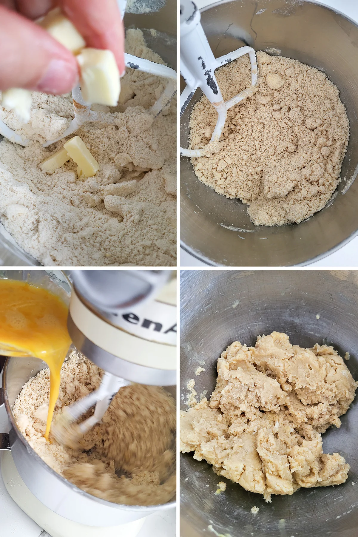 a bowl of dry ingredients with butter and eggs added to make dough. Four shots.