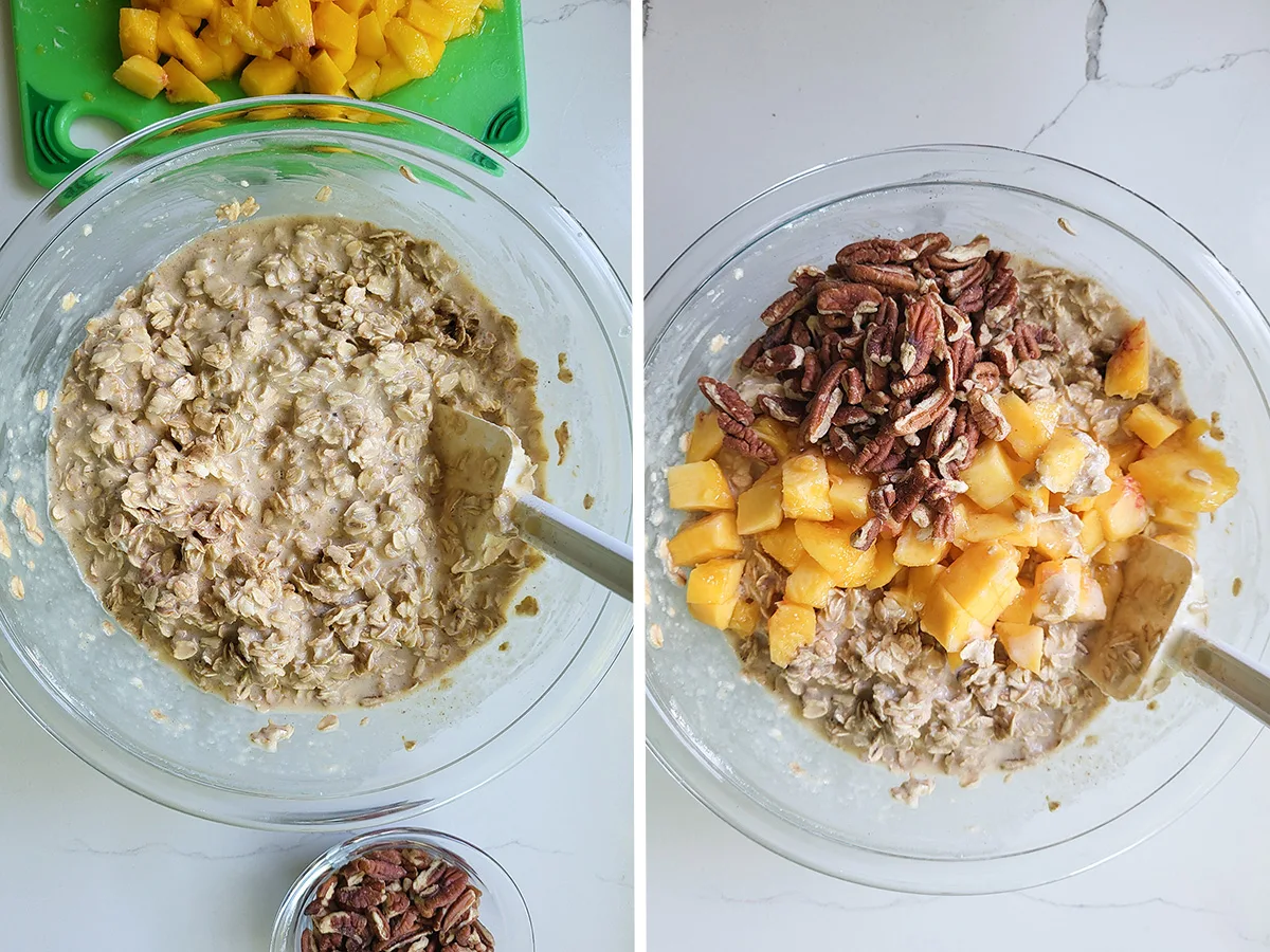 A bowl of oats with milk. A bowl of oats with chopped peaches and pecans.