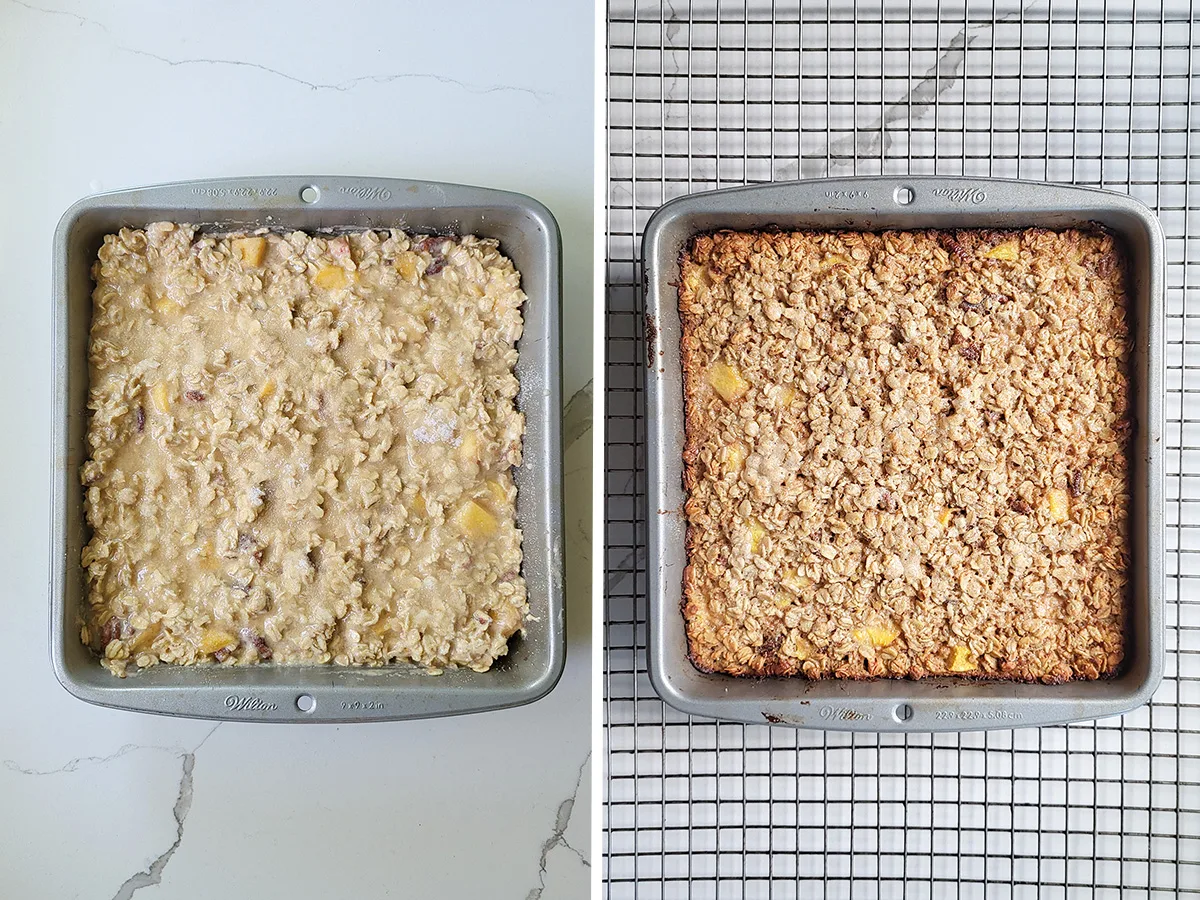 A pan of peach baked oatmeal before and after baking.
