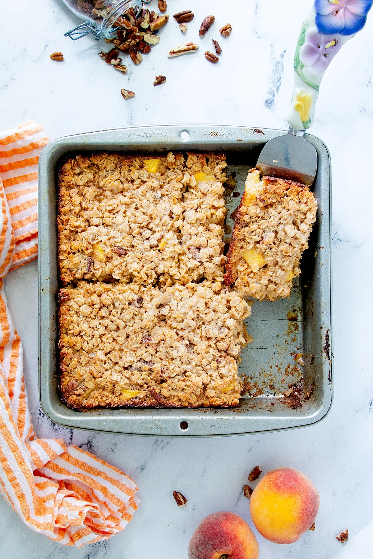 a pan of peach baked oatmeal.