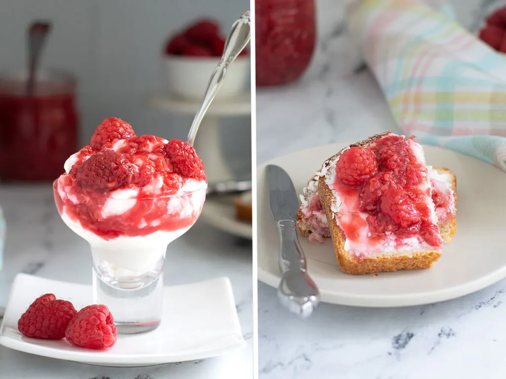 A glass bowl with yogurt and raspberry compote. A slice of bread topped with raspberry compote on a plate.
