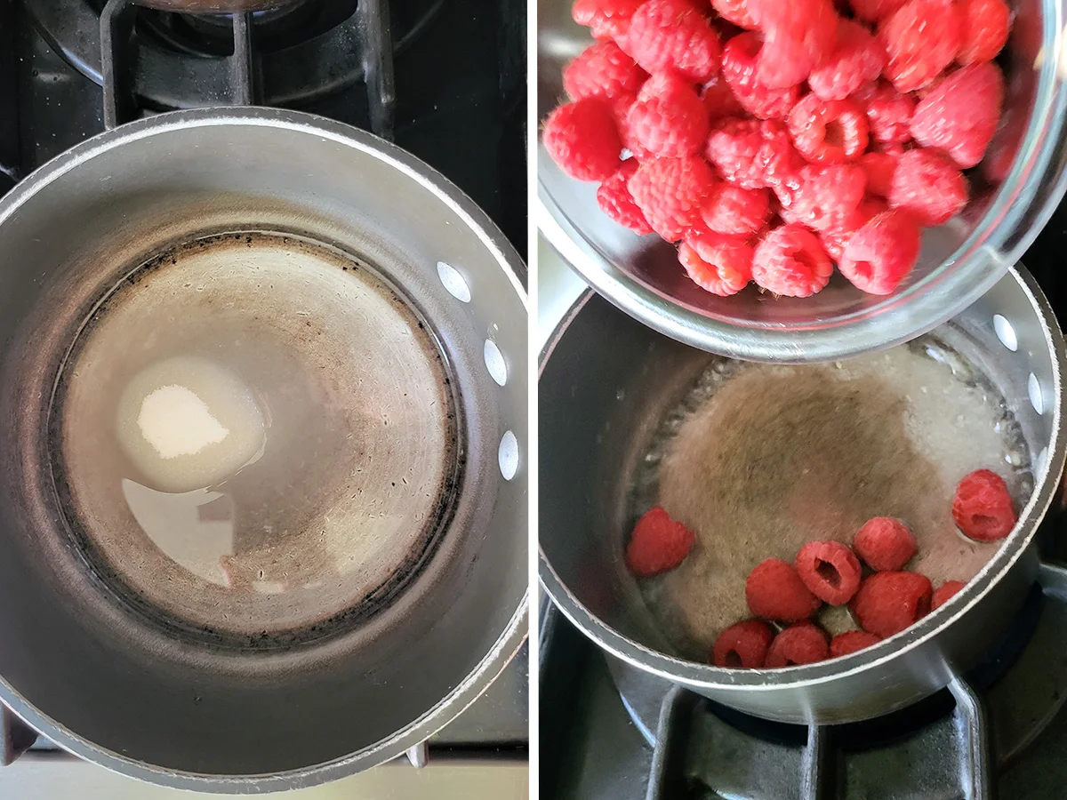 A small pot with water and sugar. Raspberries added to the pot.