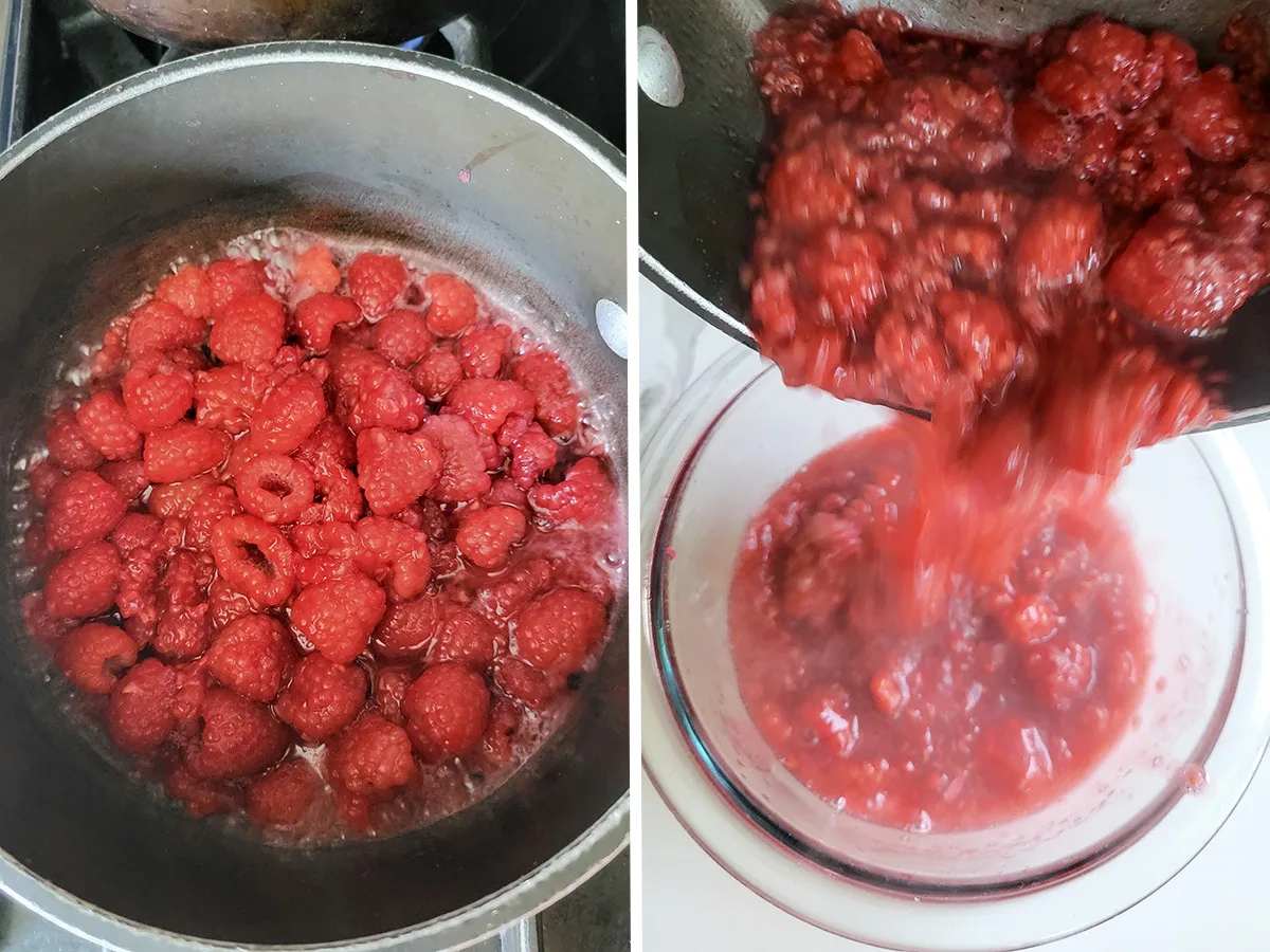 a pot with raspberries in syrup. Raspberries pouring into a glass bowl.