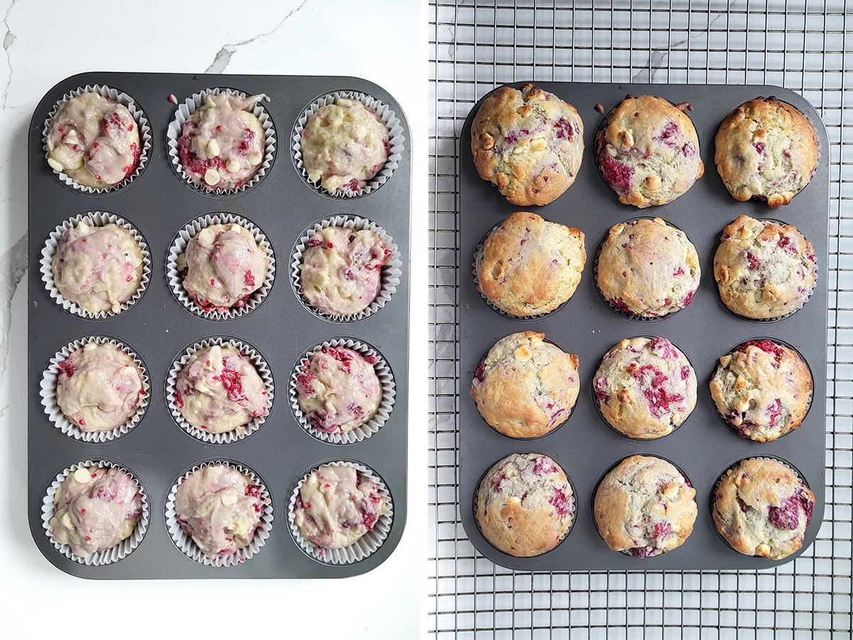 Raspberry muffins before and after baking.