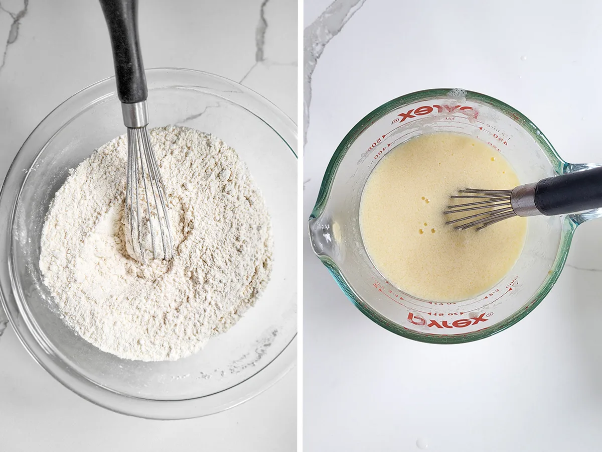 A bowl of flour and a measuring cup with milk and eggs.