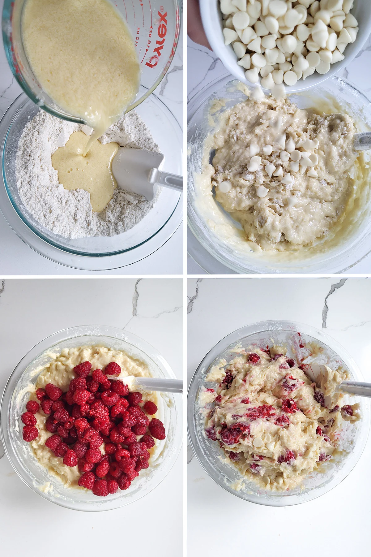Wet ingredients poured into dry ingredients. White chocolate chips added, raspberries added.