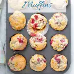 A pinterest image for raspberry white chocolate muffins with text overlay.