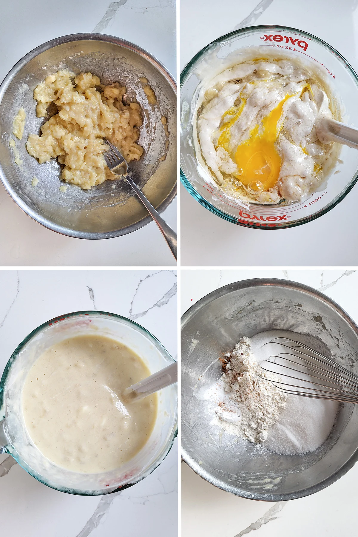 A bowl of mashed bananas. A cup with sourdough discard and eggs. A bowl of dry ingredients with a whisk.