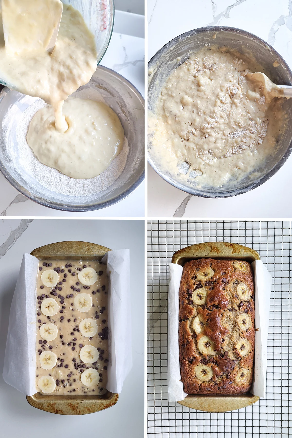 Wet ingredients pouring into a bowl of dry ingredients. Banana bread before and after baking.