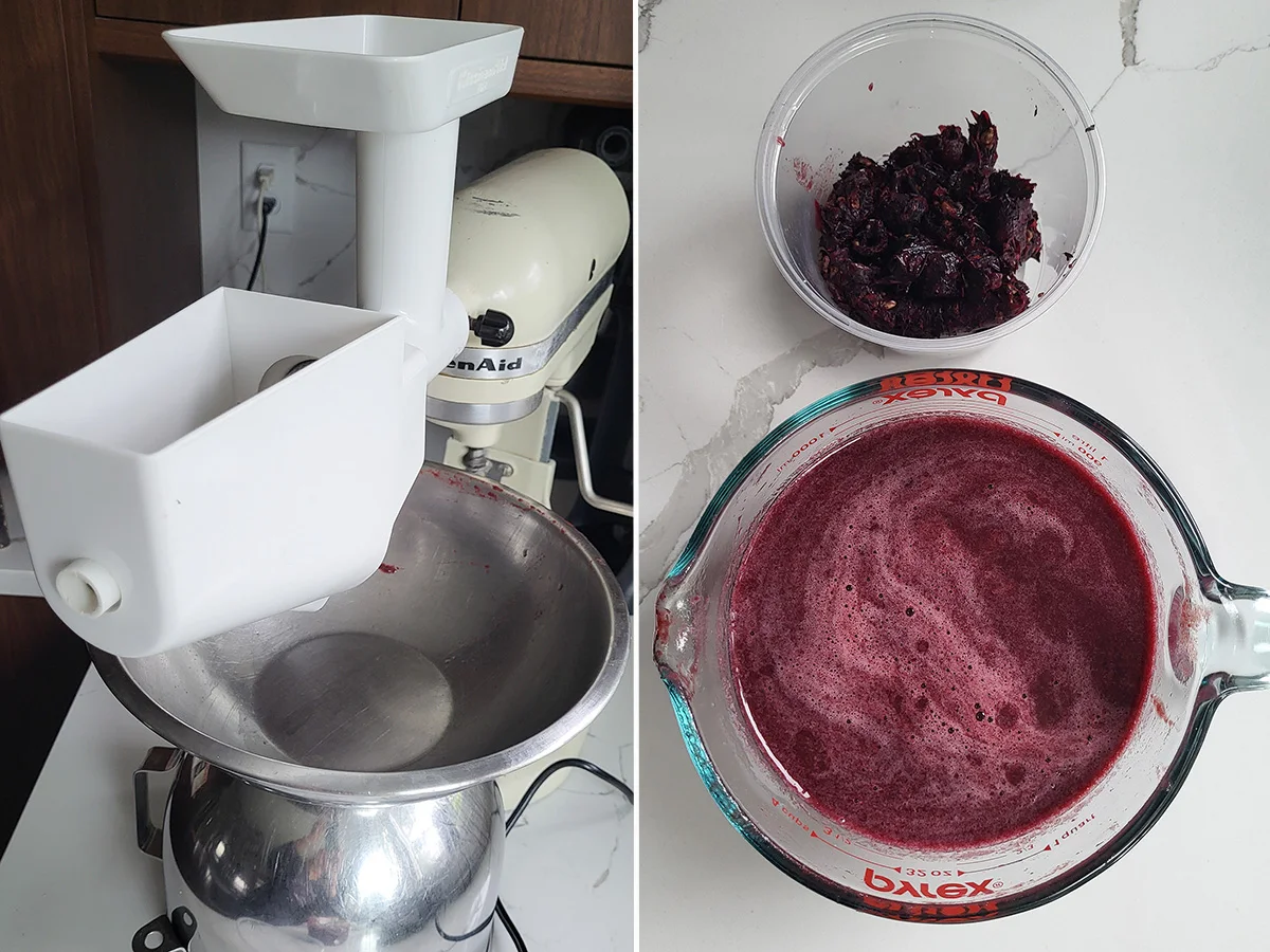 a fruit strainer attached to a mixer. A bowl of pureed grapes and a bowl of grape skins and seeds.