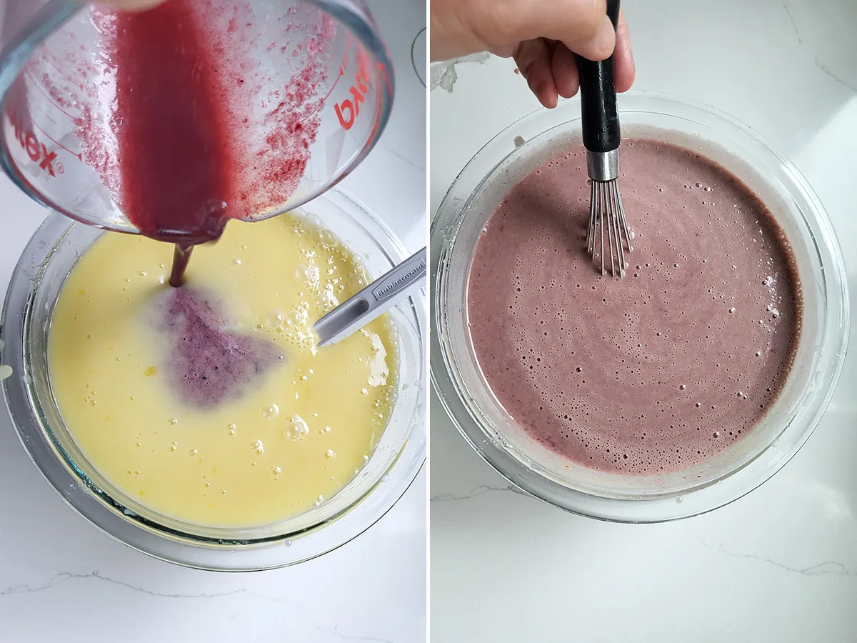 A bowl of custard with grape puree added.