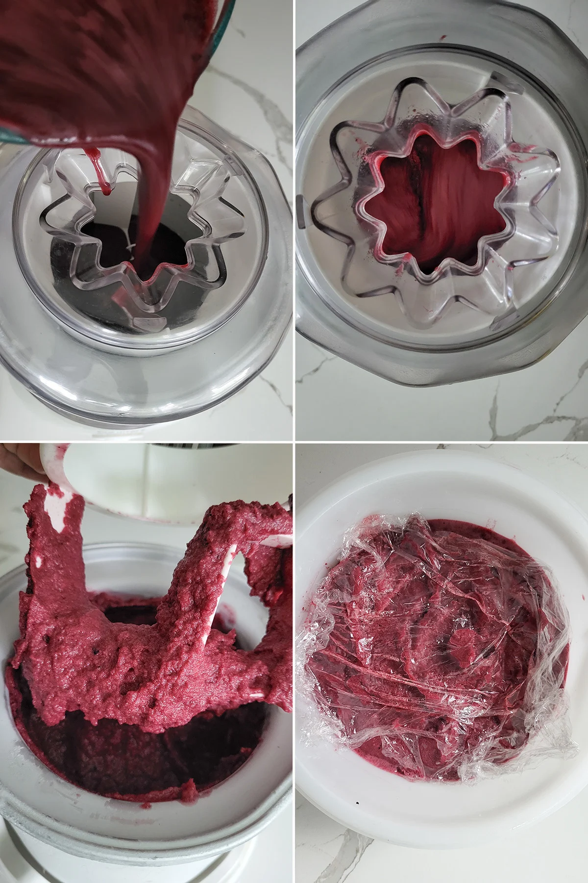 Grape puree pouring into an ice cream machine. Grape sorbet on an ice cream machine baffle. A container of grape sorbet covered in plastic wrap.