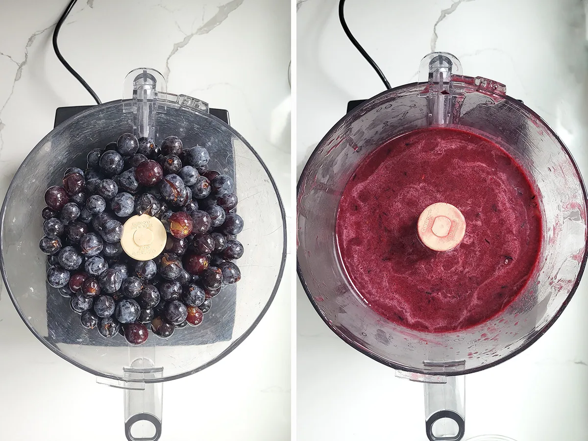 a food process filled with concord grapes before and after processing to a puree.