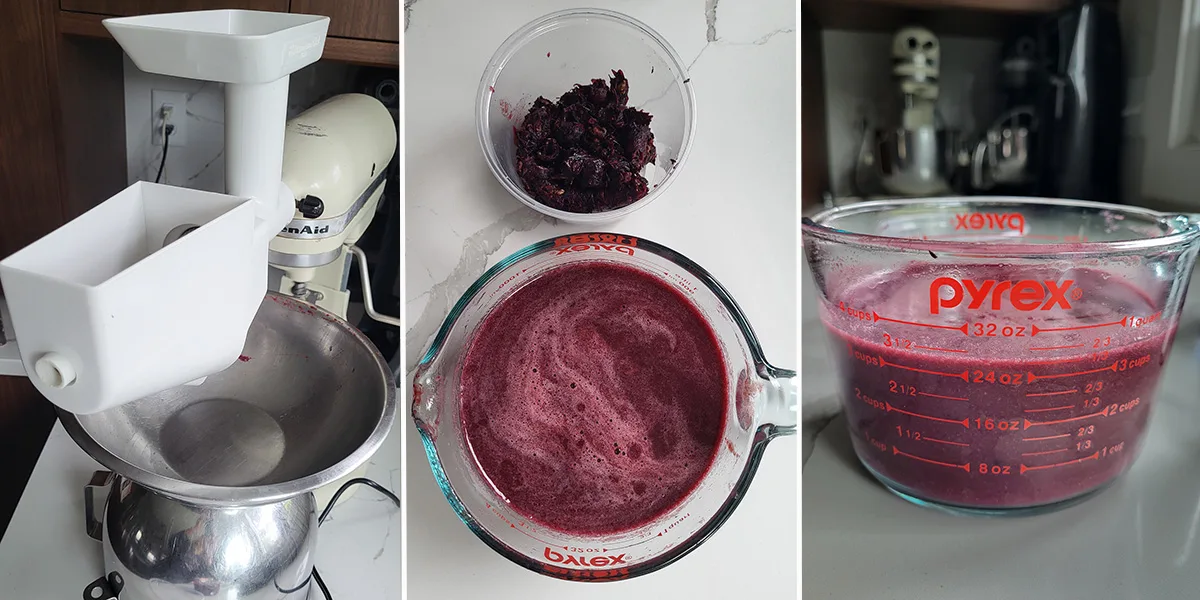 a fruit straining attached to a mixer. A bowl of grape puree and a bowl of grape skins and seeds.
