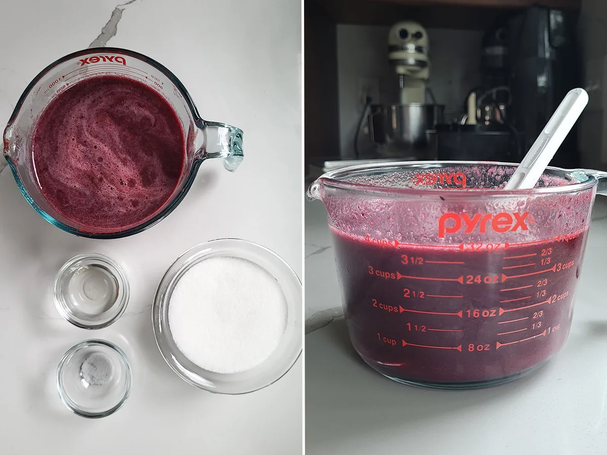 ingredients for grape sorbet in glass bowls. A glass measuring cup filled with grape puree.