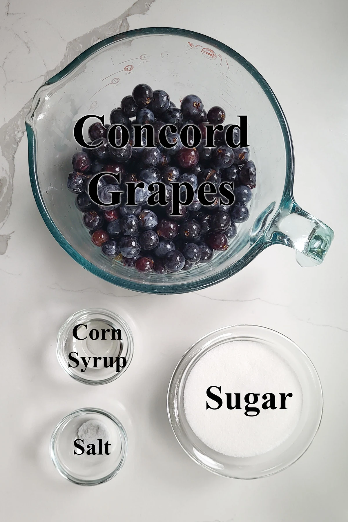 ingredients for concord grape sorbet in glass bowls.