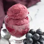 hero shot of concord grape sorbet in a glass dish.